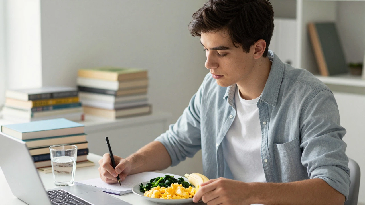 Student studying calmly with a healthy egg breakfast and water