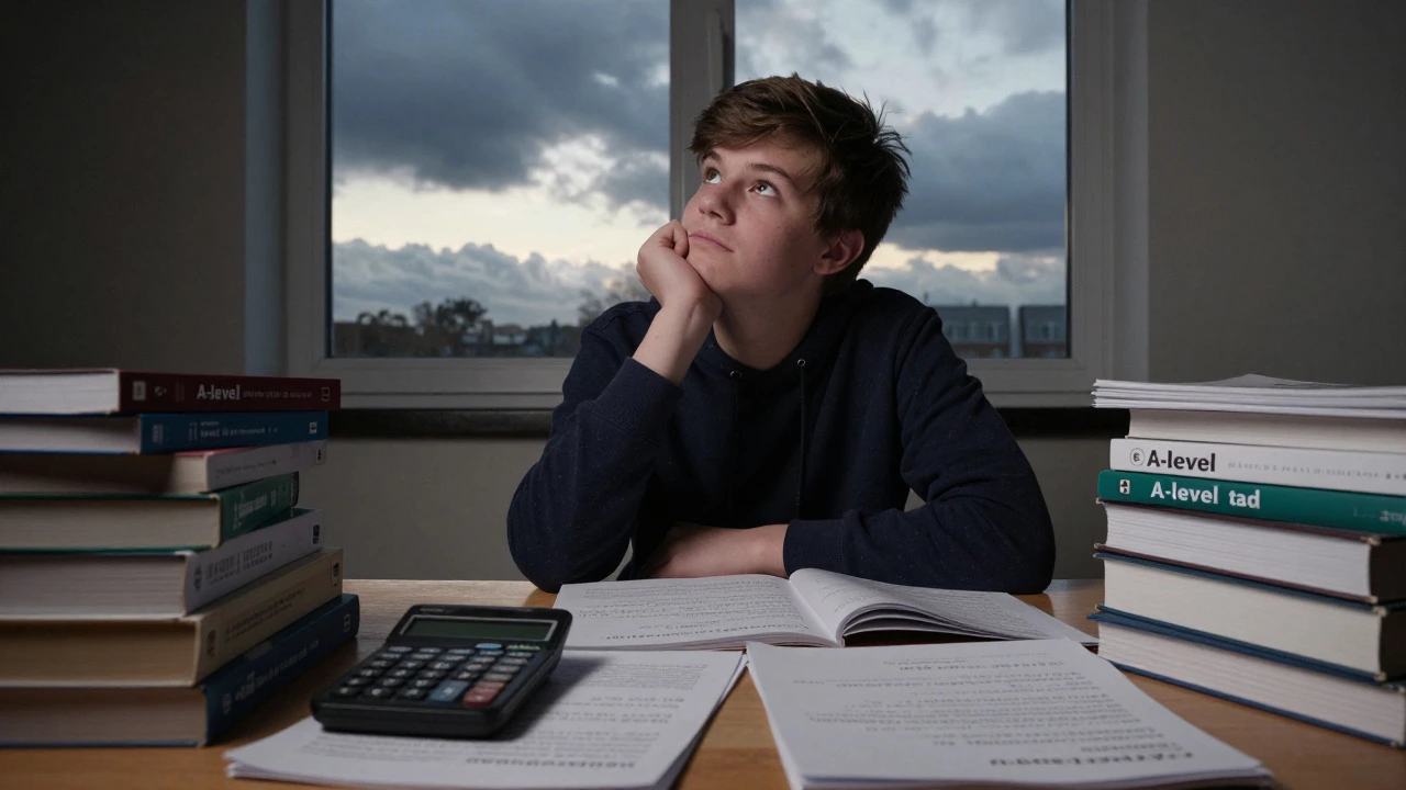 Studying late night with calculator and books, dawn light