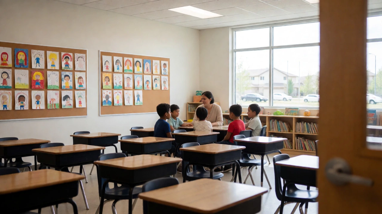 Teacher and students in a bright, modern elementary school classroom