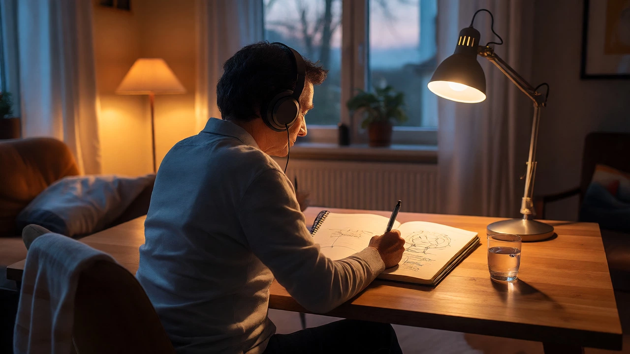 Adult learner calmly studying with headphones and notes in a cozy, well-lit home environment.
