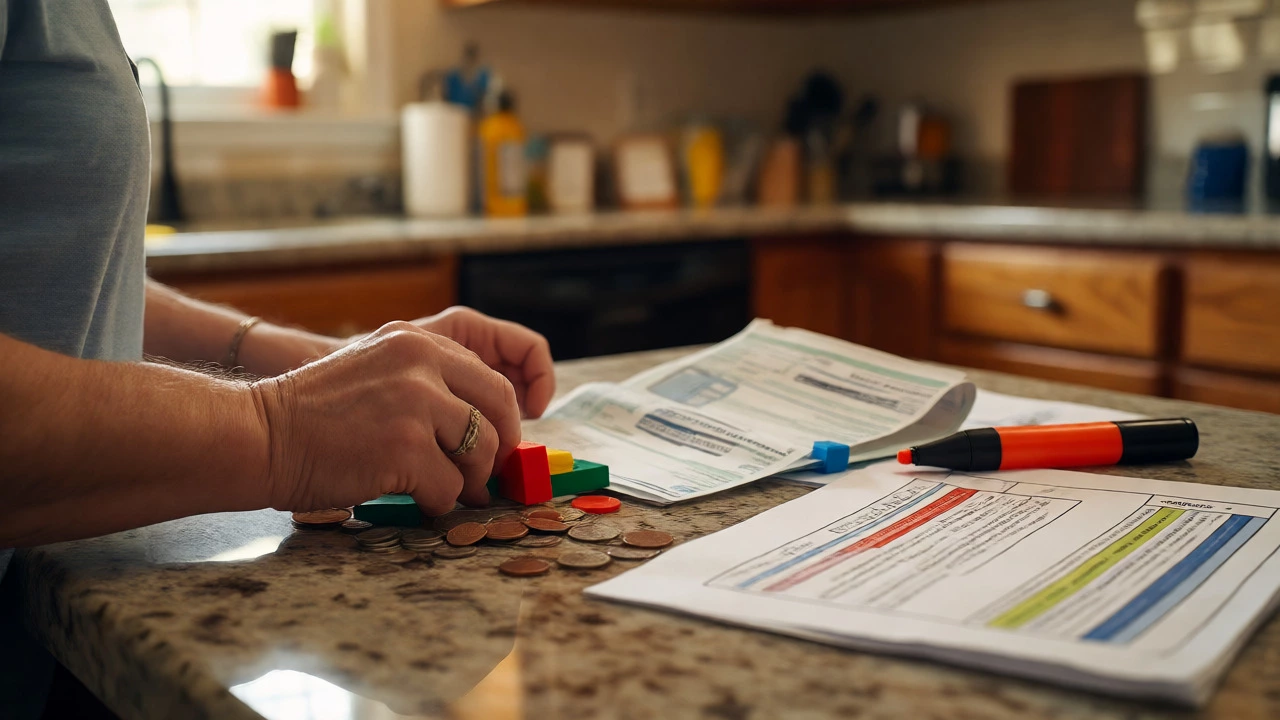 Adult learner using physical objects and highlighted documents for hands-on practice.