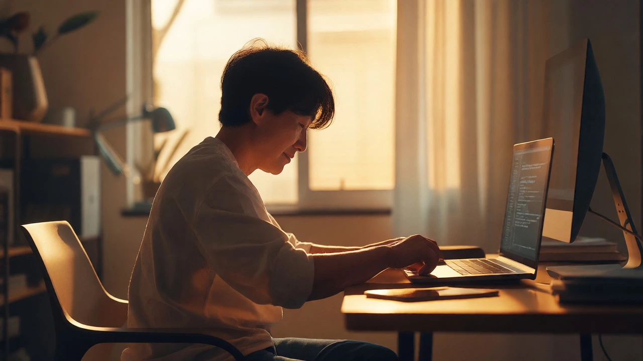 Adult practicing a new skill in a calm, distraction-free home office setting