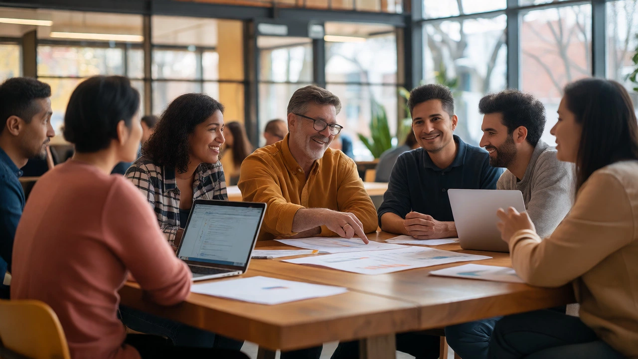 Group of adults collaborating around a table in a bright workspace
