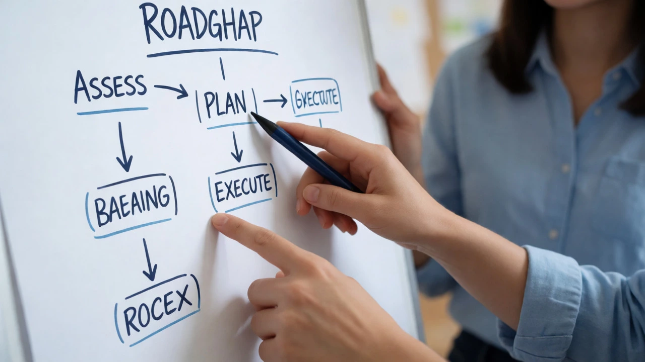 Hands pointing to a learning roadmap diagram on a board