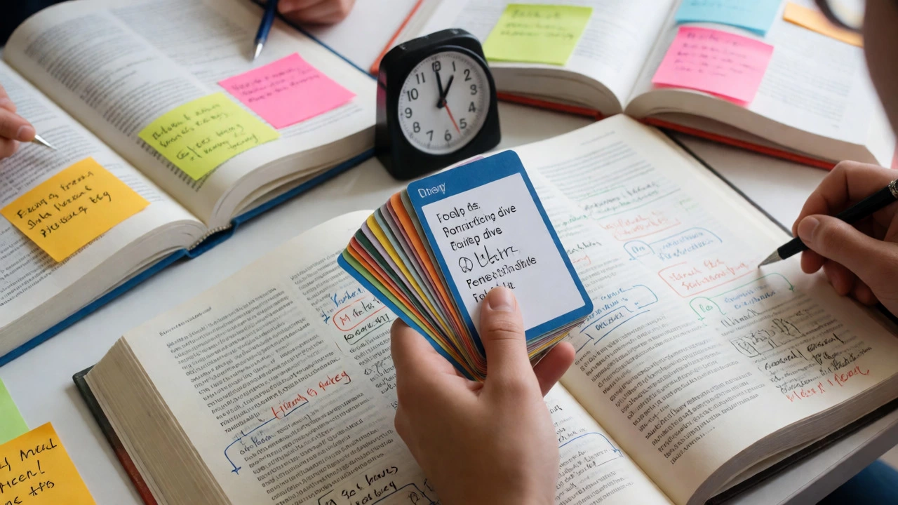 Hands using flashcards and notes during an active study session