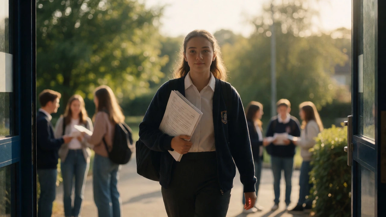 Relieved student leaving school after completing GCSE exams