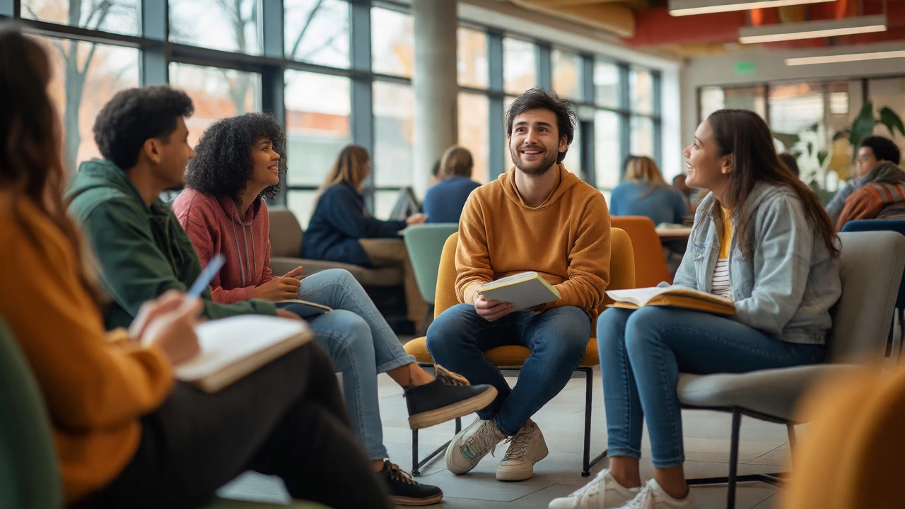 Students studying together in a bright modern college common room