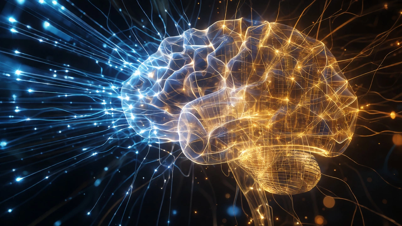 Visual metaphor comparing fast blue neural pathways of youth with complex golden networks of adult wisdom.