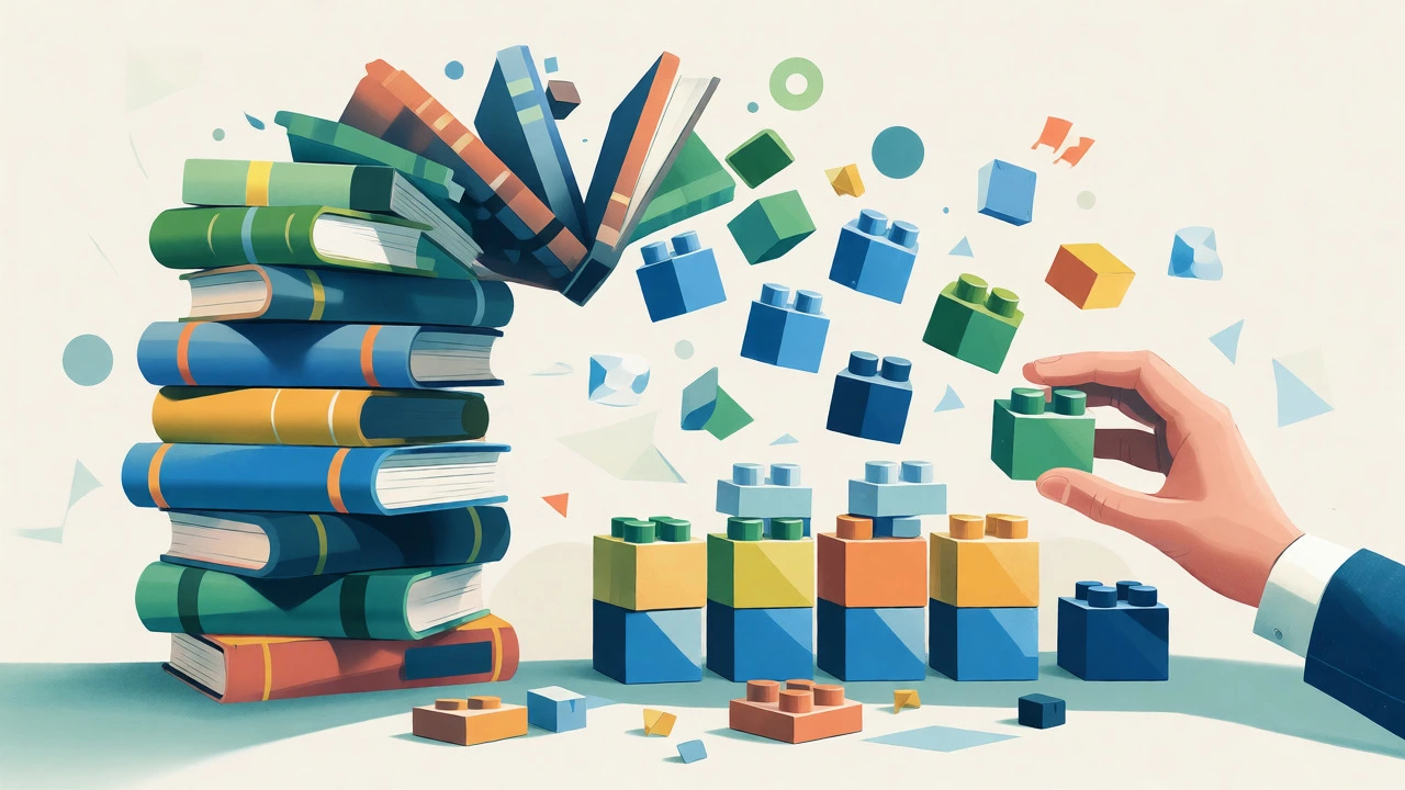 Visual metaphor showing large information stacks breaking down into small, manageable blocks.