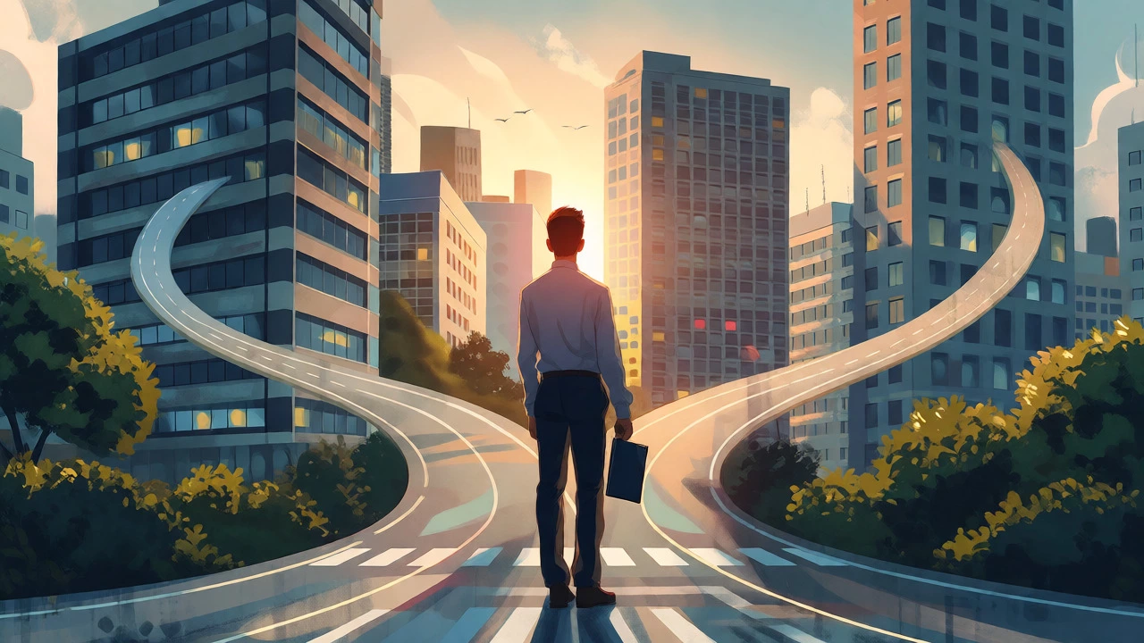 Young adult choosing between career paths in a city