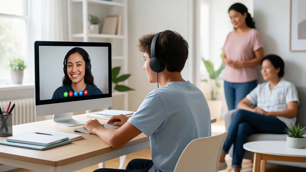 A teenager attends an online tutoring session while a parent observes from the background.