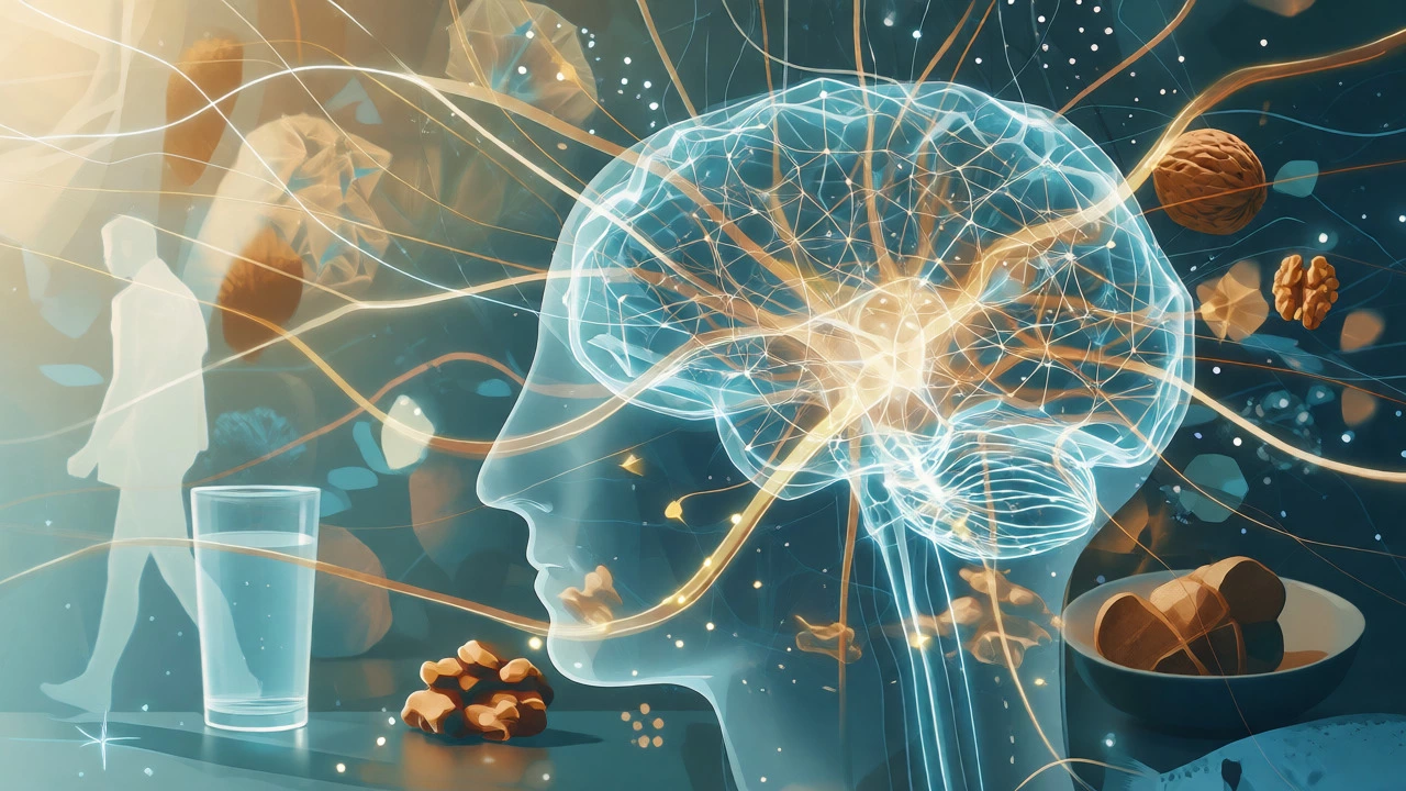 Abstract visualization of a healthy brain with neural connections and health symbols.