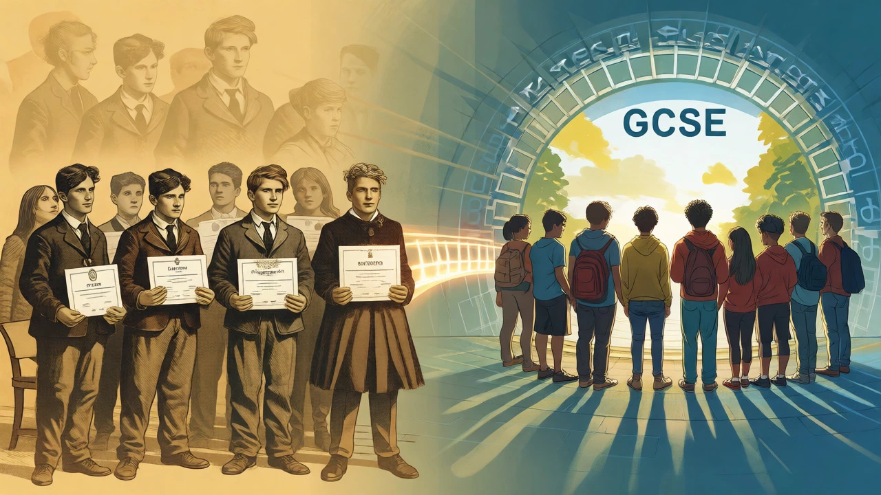 Artistic depiction of the historical shift from exclusive O-levels to inclusive GCSEs.