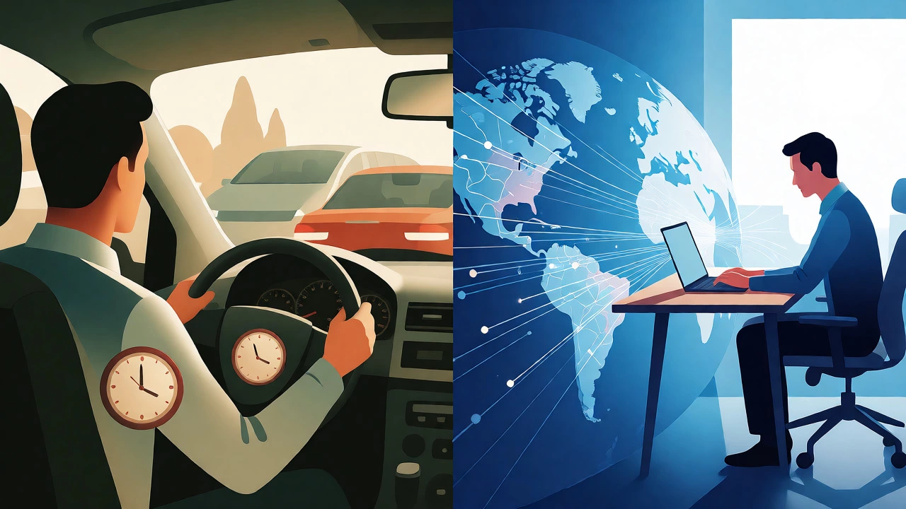 Conceptual split-screen comparing in-person travel costs vs online global access