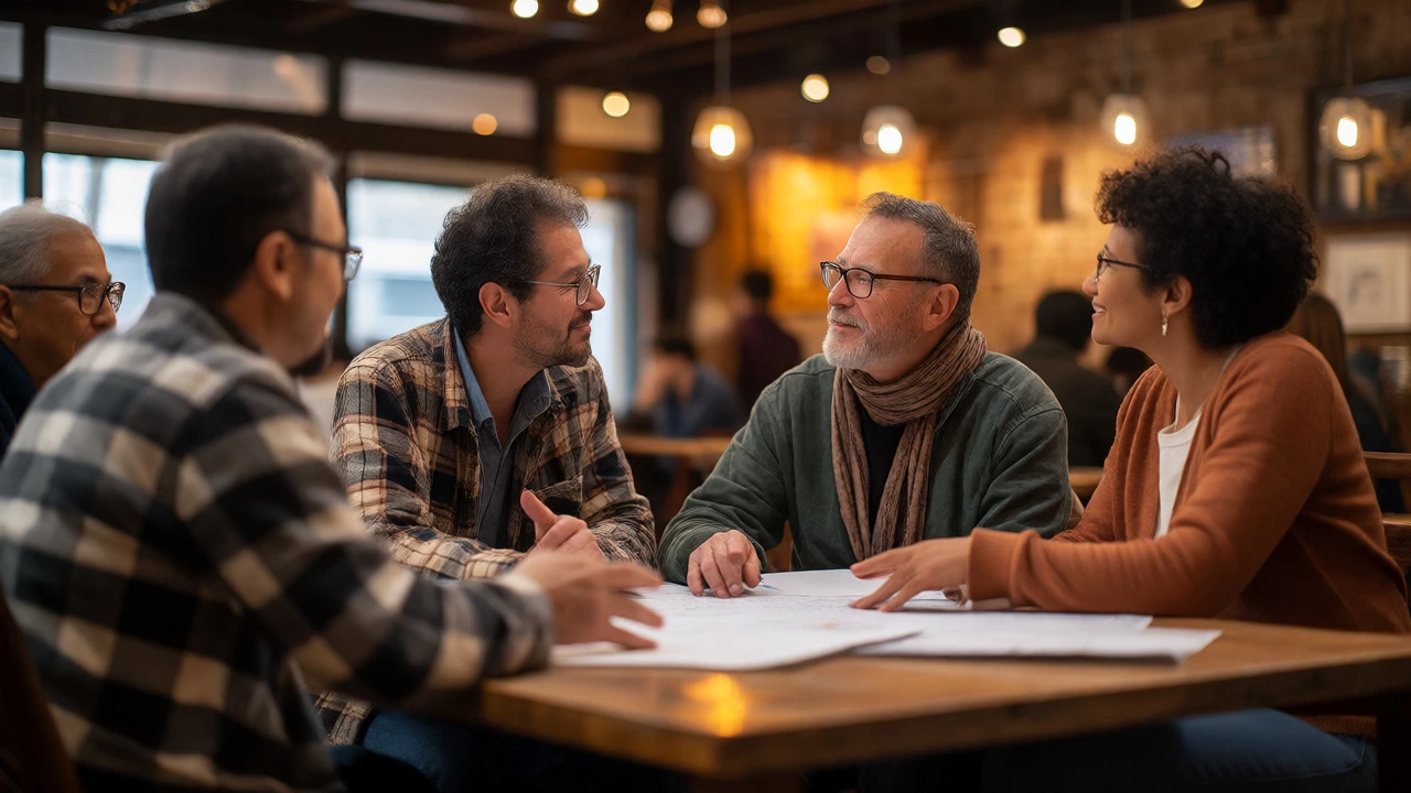 Diverse group of adults collaborating and discussing ideas together