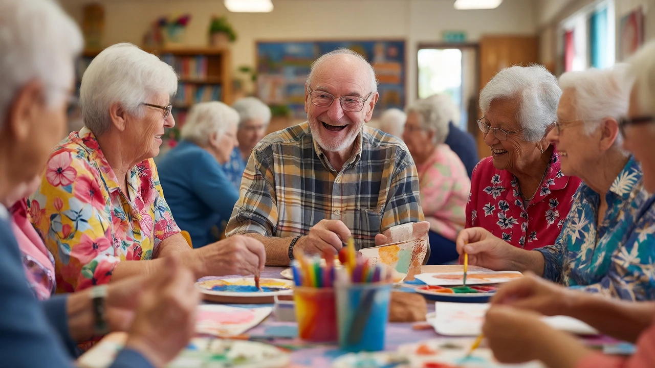 Group of seniors enjoying a creative workshop together, smiling and interacting.