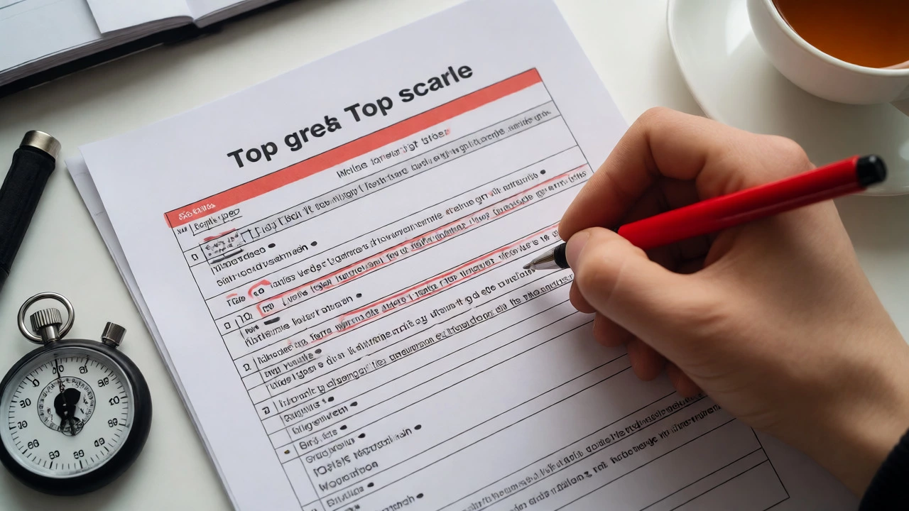 Hand marking an essay against a detailed GCSE mark scheme