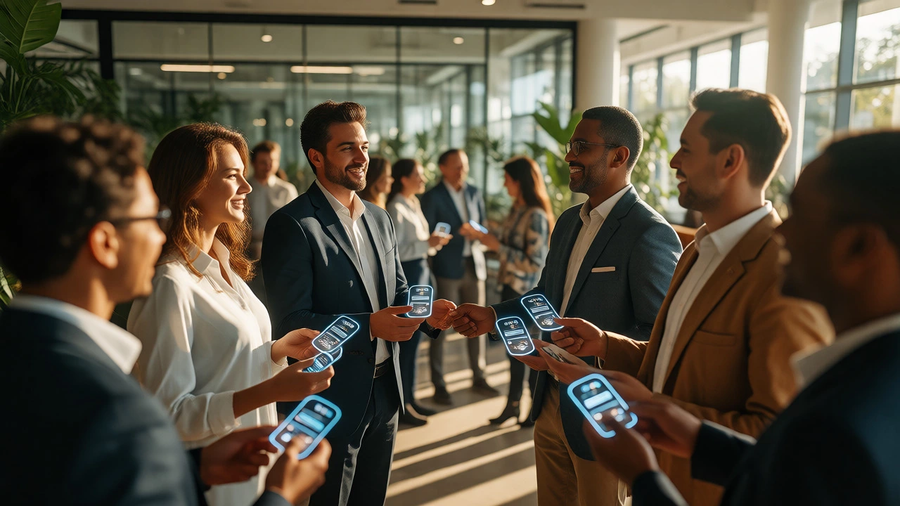 Professionals networking and exchanging glowing certification badges