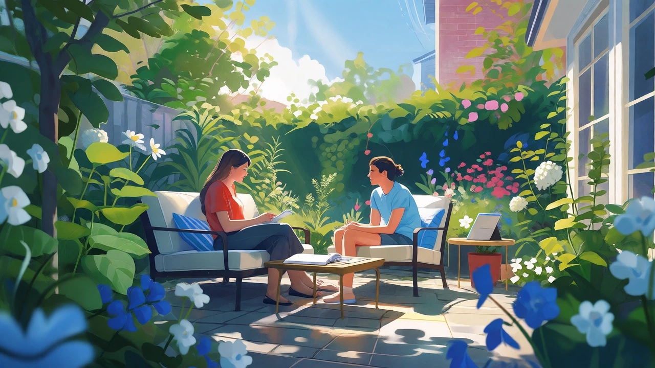 Relaxed tutoring session outdoors in a sunny garden during summer