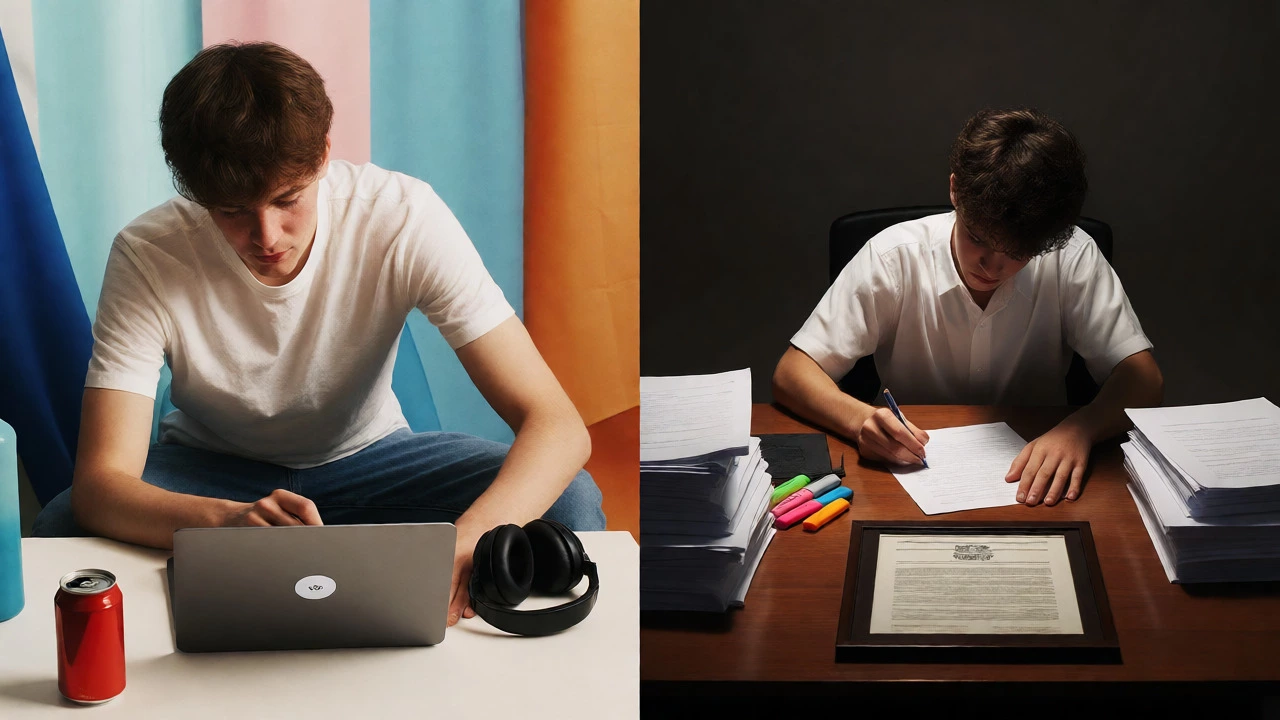 Split view comparing casual online entry versus intense essay writing