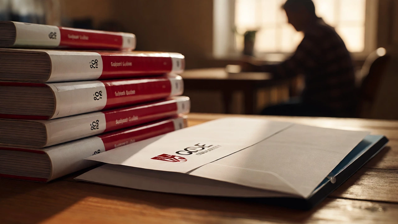 Stack of study materials and documents symbolizing career and university pathways.