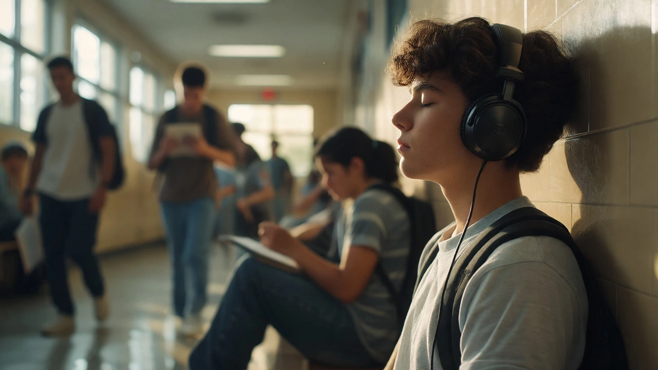 Student practicing breathing exercises with headphones in a quiet hallway
