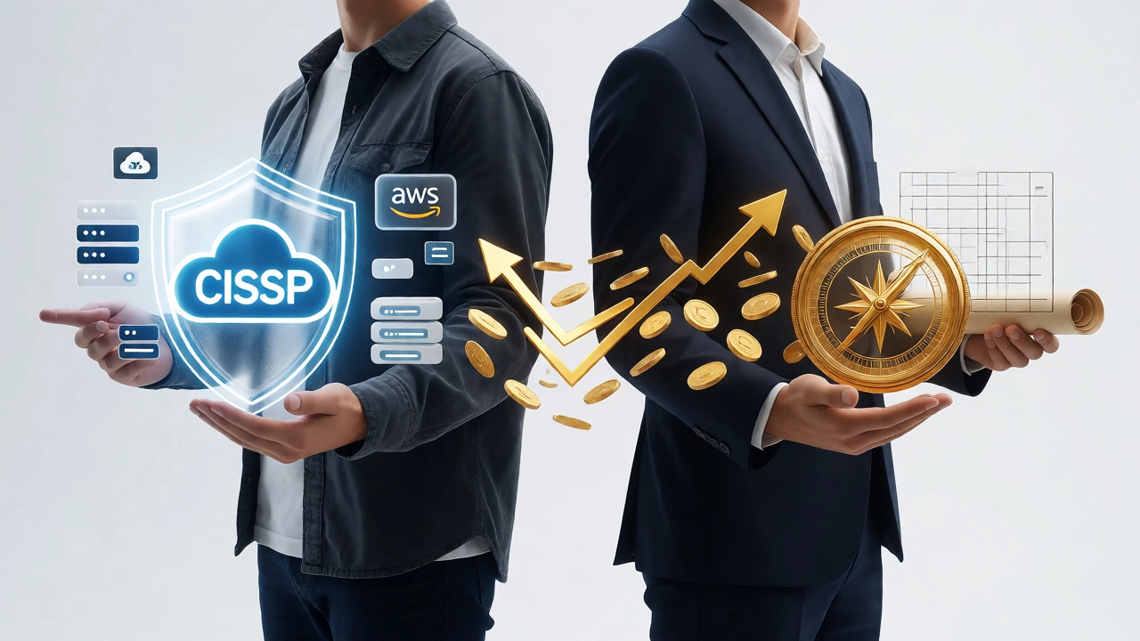 Tech expert and manager holding symbols of security and project management