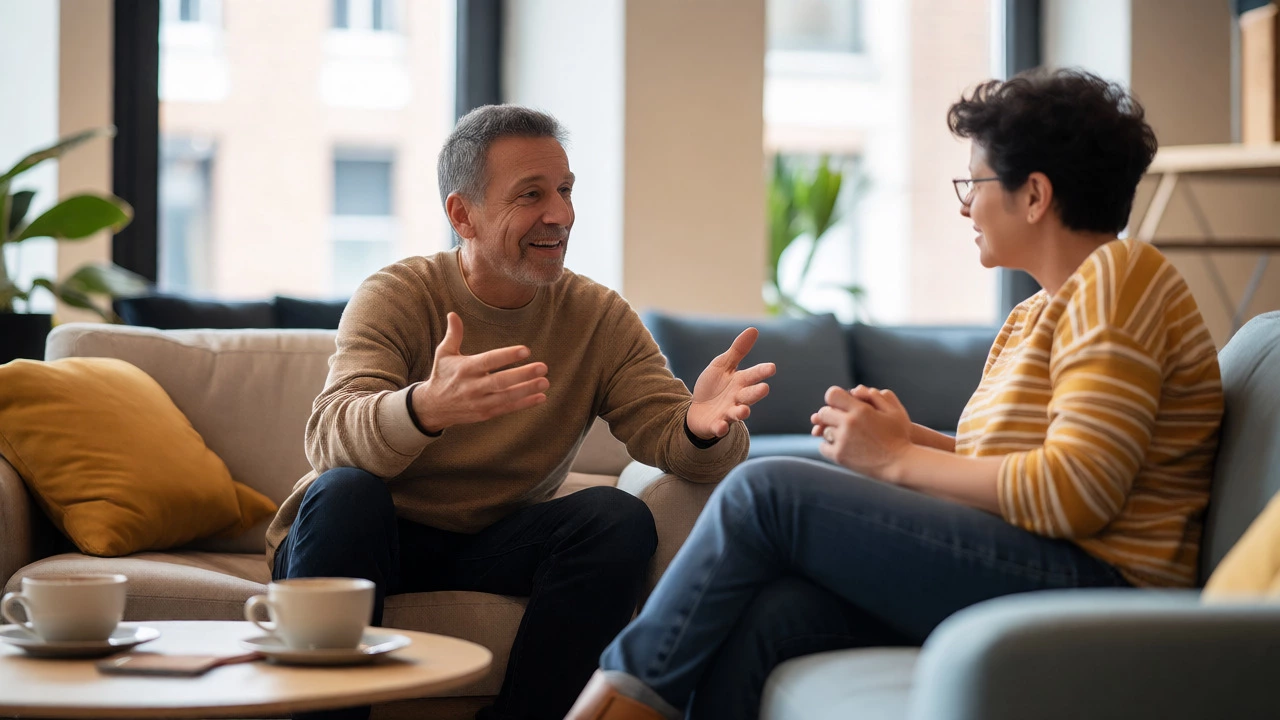 Two adults having a casual discussion over coffee in a comfortable lounge